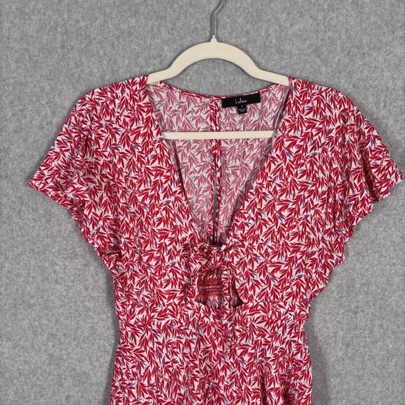 Lulus Romper Small Red Leaf Print Tie Front Flowy Dondi Romantic Vacation Resort - Picture 3 of 14